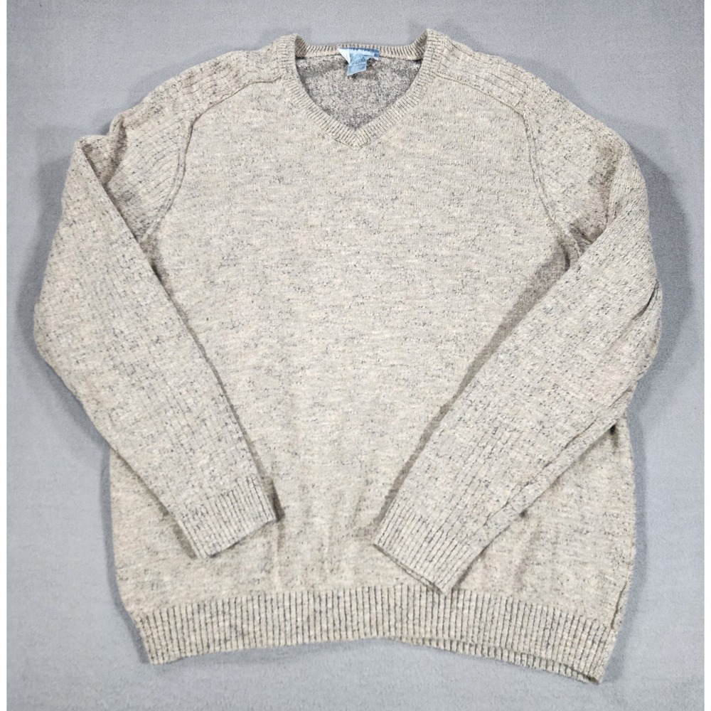 Tommy Bahama Men's XXL Knit Cotton Wool Sweater V Neck Beige Pullover Minimalist